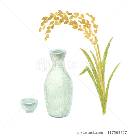 Watercolor image of sake bottle and rice 117565327