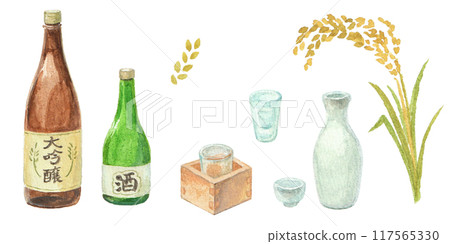 用水彩畫的清酒套裝 117565330