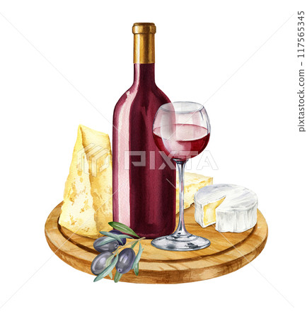 watercolor composition with bottle of red wine, wineglass with red wine, brunch of olives and Italian and French cheeses, brie, camembert and parmesan on wooden cutting board, food illustration watercolor composition with bottle of red wine, wineglass with red wine, brunch of olives and Italian and French cheeses, brie, camembert and parmesan on wooden cutting board, food illustration 117565345