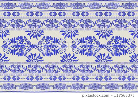 Ikat tribal Indian seamless pattern. Ethnic Aztec fabric carpet mandala ornament native boho chevron textile.Geometric African American oriental traditional vector illustrations. Embroidery style. Ikat tribal Indian seamless pattern. Ethnic Aztec fabric carpet mandala ornament native boho chevron textile.Geometric African American oriental traditional vector illustrations. Embroidery style. 117565375