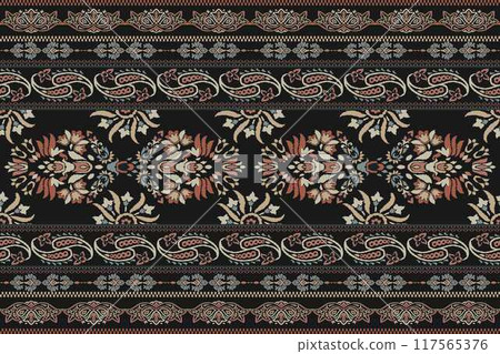 Ikat tribal Indian seamless pattern. Ethnic Aztec fabric carpet mandala ornament native boho chevron textile.Geometric African American oriental traditional vector illustrations. Embroidery style. 117565376