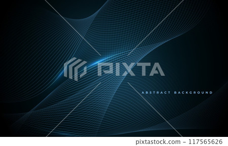 Glowing blue wavy lines on abstract technology dark blue background. 117565626
