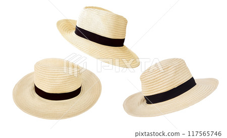Straw hat for travel, beach, sun protection, isolated on white background. Straw hat for travel, beach, sun protection, isolated on white background. 117565746