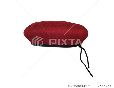 red cloth hat with black border isolated on white background 117565763