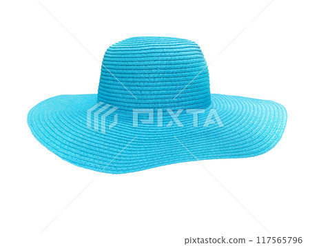 Blue beach straw hat isolated on white background 117565796