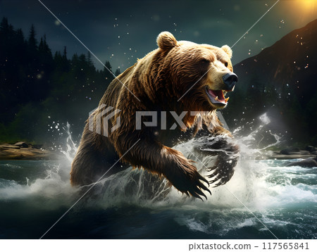 Grizzly Bear Fishing Salmon AI Artwork 117565841