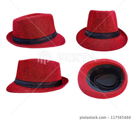 red straw hat with black ribbon on white background red straw hat with black ribbon on white background 117565888