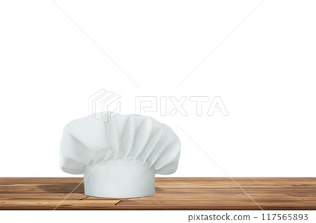 Wooden table with empty space and kitchen hat isolated on white background. 117565893