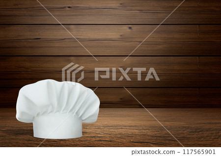 Wooden table with empty space and chef's hat Wooden table with empty space and chef's hat 117565901