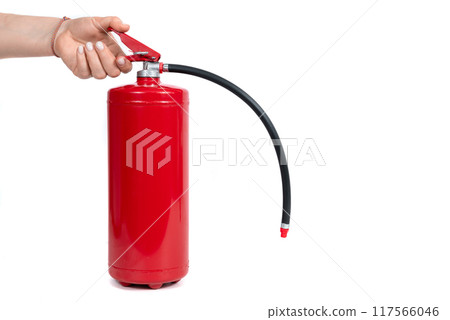 A red fire extinguisher with black hose on white background A red fire extinguisher with black hose on white background 117566046
