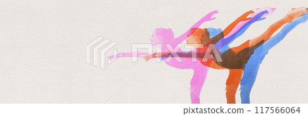 Minimalistic design. Talented and artistic young girl, figure skating athlete making creative performance. Contemporary art collage. 117566064