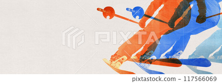 Minimalistic style, energy of downhill skiing. Silhouette of skier in motion creating dynamic rhythm. Contemporary art collage. 117566069
