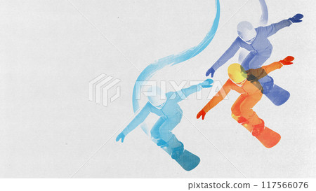 Minimalistic design. Fluid motion of snowboarding. Man pastel hues in dynamic movement, snowboarding. Contemporary art collage. 117566076
