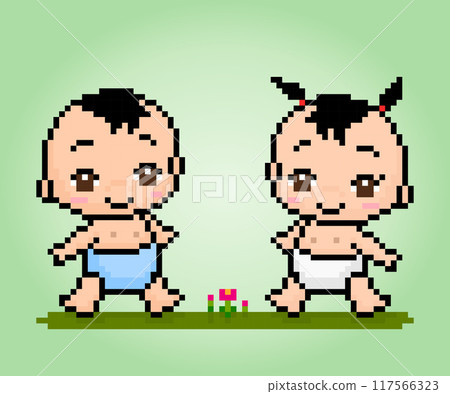 Pixel baby boy and girl is playing. Illustration of cute twin babies. 117566323