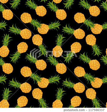 Vector seamless pattern with pineapples on black background. Ideal for textile printing, Hawaiian style holiday clothes. Summer party design. Tropical fruits in flat style. Vector seamless pattern with pineapples on black background. Ideal for textile printing, Hawaiian style holiday clothes. Summer party design. Tropical fruits in flat style. 117566337
