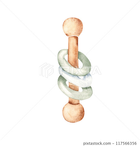 Wooden Rattle Eco Baby Toy. Watercolor hand drawn illustration in blue, green and beige tones isolated on white background. Clip art for Kids goods, tags, Baby Shower invitations and Newborn Greeting Wooden Rattle Eco Baby Toy. Watercolor hand drawn illustration in blue, green and beige tones isolated on white background. Clip art for Kids goods, tags, Baby Shower invitations and Newborn Greeting 117566356