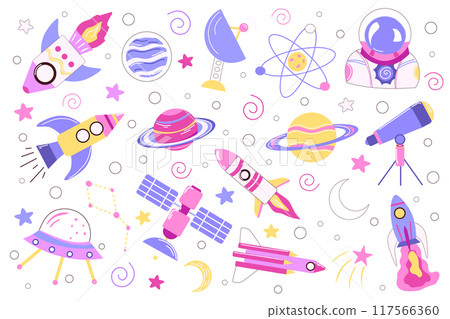 A colorful set of space-themed elements featuring rockets, planets, UFOs, and satellites. Perfect for children's products, educational materials, and creative projects with a playful and whimsical spa A colorful set of space-themed elements featuring rockets, planets, UFOs, and satellites. Perfect for children's products, educational materials, and creative projects with a playful and whimsical spa 117566360