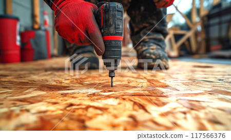 Construction worker using electric drill on oriented strand board (OSB) flooring installation. Action in middle of construction or renovation wood house. A hard work, tools in hands-on setting Construction worker using electric drill on oriented strand board (OSB) flooring installation. Action in middle of construction or renovation wood house. A hard work, tools in hands-on setting 117566376