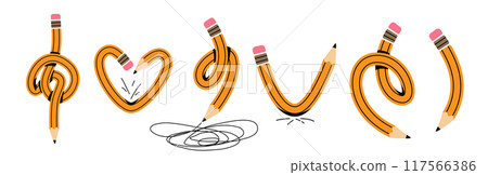 Pencils set vector illustration. Twisted flexible yellow simple pencil in different shapes like heart, knot, check mark, bend one, doodles. Back to school, teachers day concept 117566386