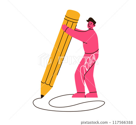 Young man standing and holding huge yellow pencil, writing or drawing something. Vector illustration. Flat education concept design. Cute pink modern character isolated on white background 117566388
