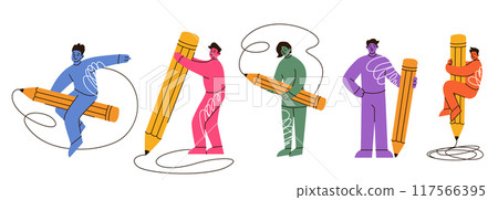 People with a huge pencil vector illustration. Young diverse characters holding pencil, writing, drawing doodles, standing near, flying on it. Creative flat education concept isolated on white People with a huge pencil vector illustration. Young diverse characters holding pencil, writing, drawing doodles, standing near, flying on it. Creative flat education concept isolated on white 117566395