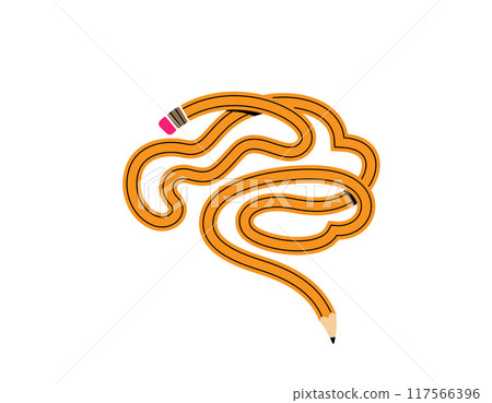 Twist pencil in brain shape vector illustration. School education concept with flexible pencil line repeat the form curve of the brain. Learning creative background Twist pencil in brain shape vector illustration. School education concept with flexible pencil line repeat the form curve of the brain. Learning creative background 117566396