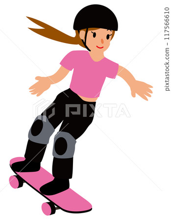 Sports girl 05 tries various tricks on skateboard in park street 117566610