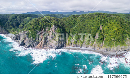 Aerial photography of the overwhelmingly high Uonosu Cliffs in Iwate Prefecture, taken from the sea side by a drone in Tanohata Village 117566675