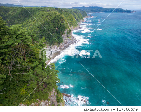 Aerial photography of the overwhelmingly high Uonosu Cliffs in Iwate Prefecture, taken from the sea side by a drone in Tanohata Village Aerial photography of the overwhelmingly high Uonosu Cliffs in Iwate Prefecture, taken from the sea side by a drone in Tanohata Village 117566679