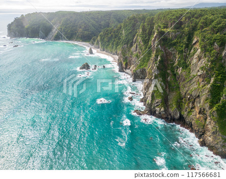 Aerial photography of the overwhelmingly high Uonosu Cliffs in Iwate Prefecture, taken from the sea side by a drone in Tanohata Village 117566681