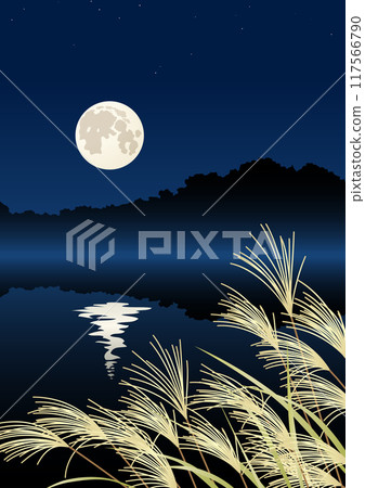 Full moon, light reflected on the water, and silver grass at night 117566790