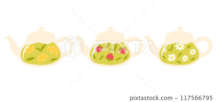 Set of teapots with tea. Collection of teapots with green, herbal and berry tea. Vector illustration. 117566795