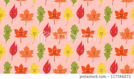 Cute kawaii autumn leaf seamless pattern. Vector cartoon illustration. 117566872