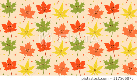 Cute kawaii autumn leaf seamless pattern. Vector cartoon illustration. 117566873