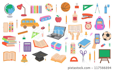 Big set of school supplies and stationery. Cute accessories for study, school, university. Back to school. 117566894