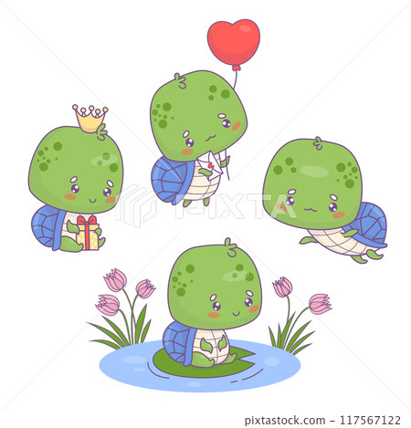 Cute turtle set. Funny cartoon animal floating, with balloon, princess with gift and on lake with flowers. Isolated kawaii characters. Vector illustration. Kids collection. Cute turtle set. Funny cartoon animal floating, with balloon, princess with gift and on lake with flowers. Isolated kawaii characters. Vector illustration. Kids collection. 117567122