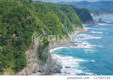 "Iwate Prefecture" Uonosu Cliffs, lined up in five rows like a folding screen, Tanohata Village 117567236