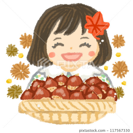 Smiling girl holding lots of chestnuts Smiling girl holding lots of chestnuts 117567330