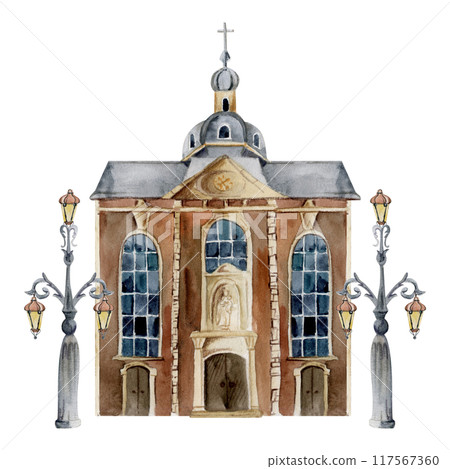 Old European city town street house church. Historical cityscape religious building, lamp posts. Watercolor hand drawn illustration. Tourist shops, souvenirs, travel brochures, architectural bureau 117567360