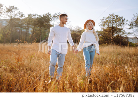 Young couple having fun walking and hugging n the park. Autumn weather. Relaxation, youth. Young couple having fun walking and hugging n the park. Autumn weather. Relaxation, youth. 117567392