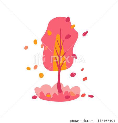 Hand drawn tree with red, pink, and orange colors. Autumn leaves. Simple design. Flat vector illustration. Spring theme. Icon. 117567404