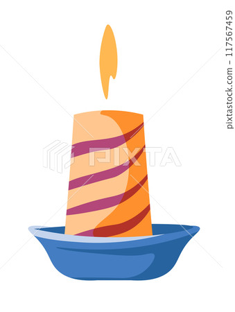Lit candle in blue holder Lit candle in blue holder 117567459