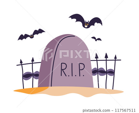 Gravestone with Bats Halloween Scene Gravestone with Bats Halloween Scene 117567511