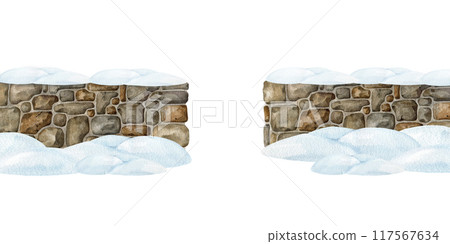 Winter time stone wall with covered with snow center entrance. Painted illustration. Hand drawn stone wall covered with snowdrifts. Outdoors countryside landscape element on white background 117567634