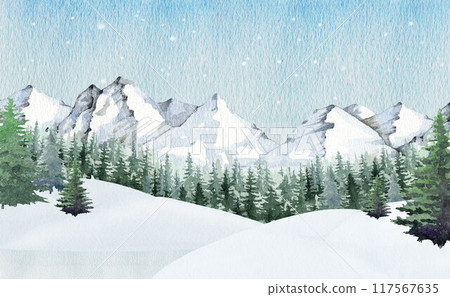 Winter season countryside landscape with Christmas tree forest, mountain range. Vintage style painted illustration. Winter season landscape scene with mountains, coniferous forest, snowdrifts, ice Winter season countryside landscape with Christmas tree forest, mountain range. Vintage style painted illustration. Winter season landscape scene with mountains, coniferous forest, snowdrifts, ice 117567635