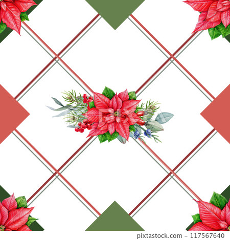 Winter season festive decor seamless pattern. Watercolor illustration. Christmas festive floral elements, pine, eucalyptus, geometric forms and lines. Winter time traditional seamless pattern Winter season festive decor seamless pattern. Watercolor illustration. Christmas festive floral elements, pine, eucalyptus, geometric forms and lines. Winter time traditional seamless pattern 117567640