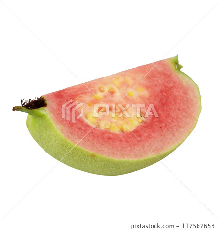 Guava is a tropical fruit with pink juicy flesh and a strong sweet aroma with leaf a white background 117567653