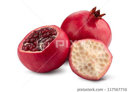 Ripe pomegranate fruit isolated on white background Ripe pomegranate fruit isolated on white background 117567738