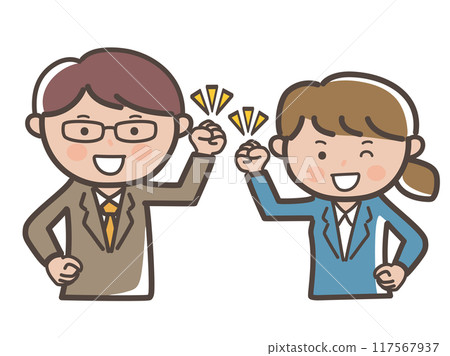 Upper body illustration of male and female businessmen with a boss and subordinates full of enthusiasm in a fist pump 117567937