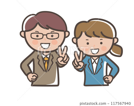 Illustration of the upper body of a male and female businessman, a boss and subordinate making a peace sign with a smile 117567940
